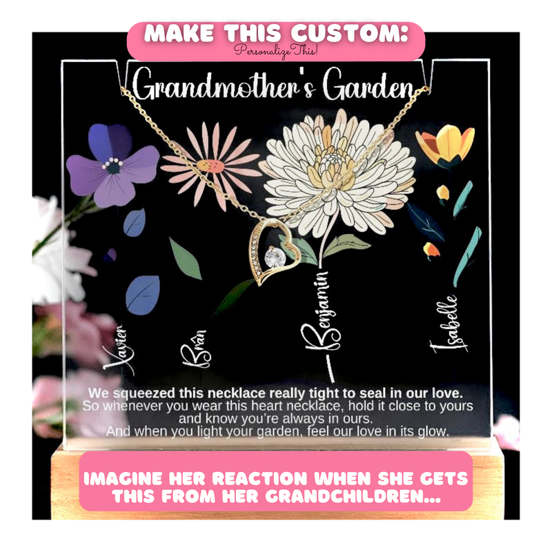 Grandmother’s Garden Custom Flower Keepsake Plaque & Necklace Gift Bundle