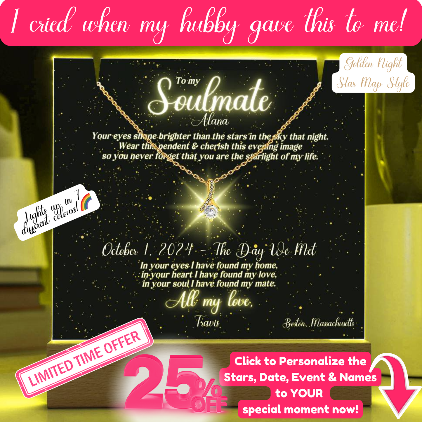 Soulmate Lit Personalized Starlight Sky of Special Night & Message, and Alluring Beauty Necklace Keepsake