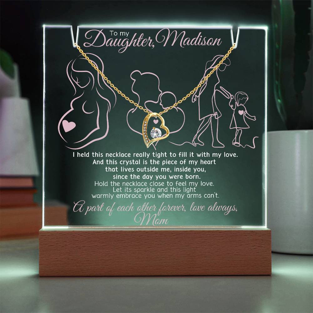 Hey, Mom! Personalize this for your Daughter Today! She will treasure this Piece of my Heart Keepsake Light & Necklace Gift Bundle forever.