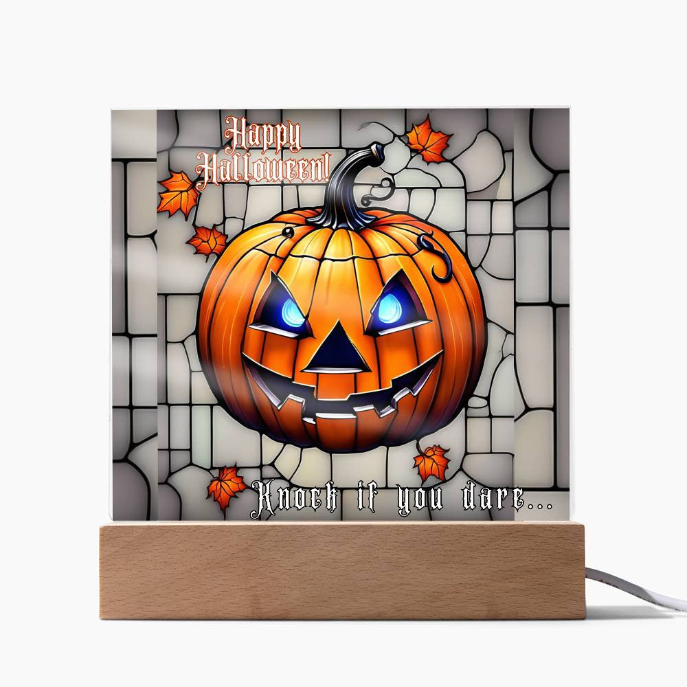 Lit Happy Halloween Sign Gothic Stain Glass Motif