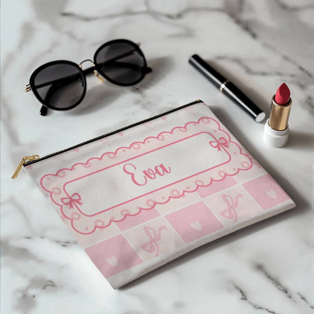 Girl Preppy Aesthetic Makeup Bag Pencil Case Personalized Pink Bow Coquette Fabric Zippered Pouch with Liner Back to School Birthday Gift