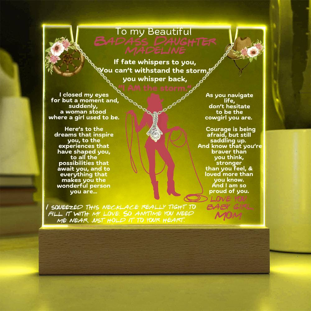 To my beautiful Badass Daughter Lit Personalized Keepsake Message & Alluring Beauty Necklace Gift Bundle | Gift from Dad | Gift from Mom