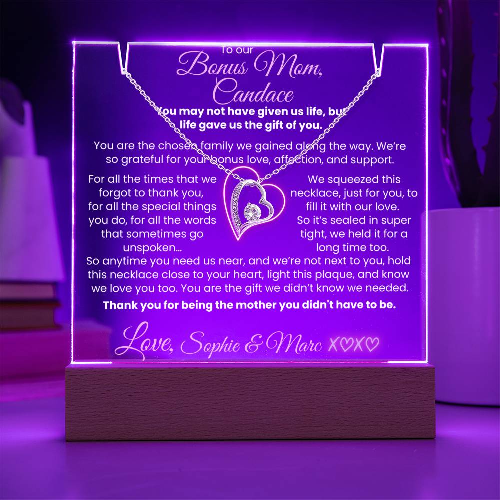 To our Bonus Mom (or my bonus Mom) Personalized Keepsake Thank you Letter from Bonus Child| Mother's Day Jewelry | Heart Necklace & Plaque Bundle | Birthday, Christmas
