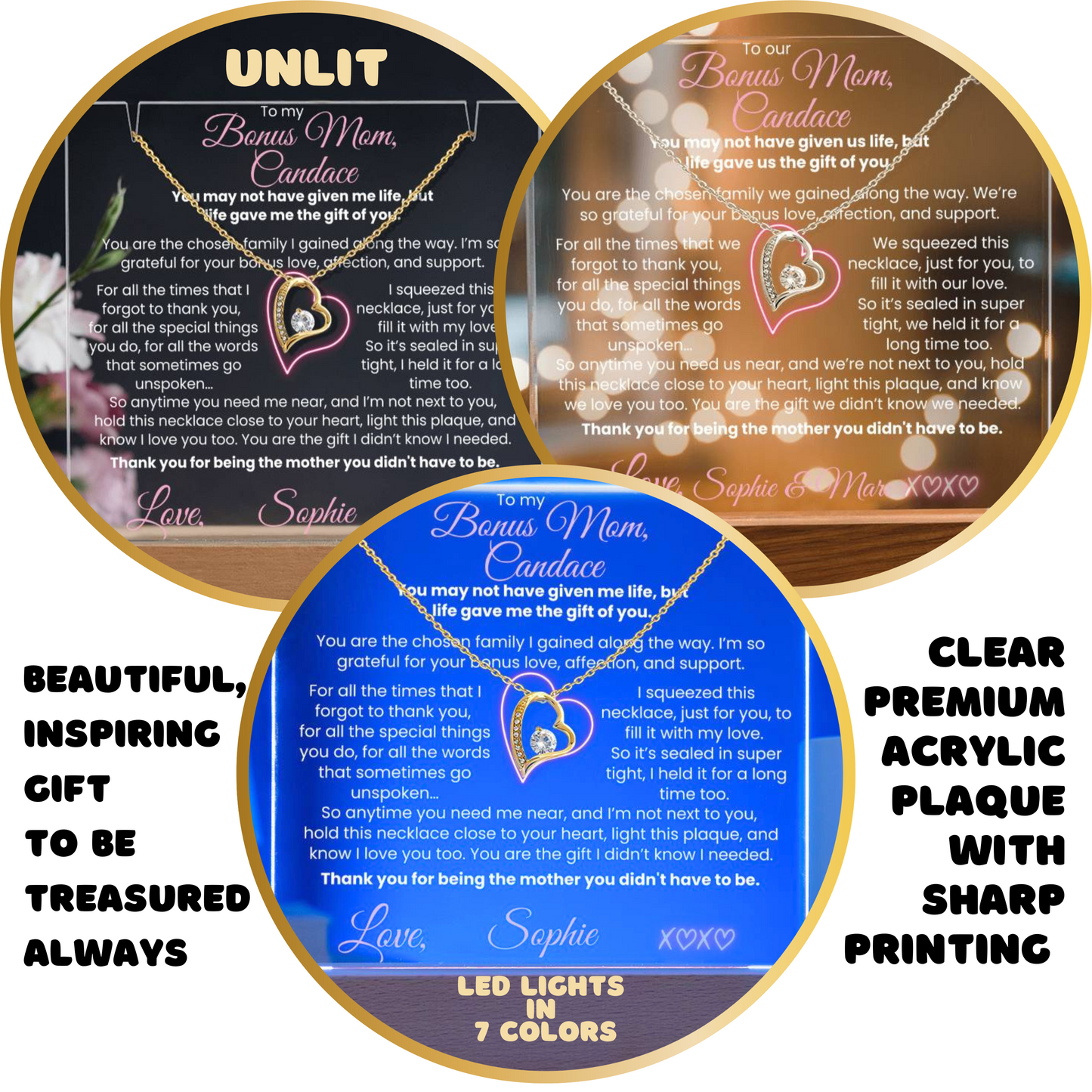 To our Bonus Mom (or my bonus Mom) Personalized Keepsake Thank you Letter from Bonus Child| Mother's Day Jewelry | Heart Necklace & Plaque Bundle | Birthday, Christmas