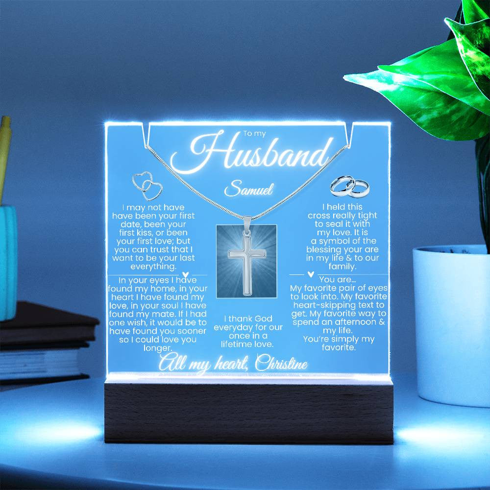 To My Husband - Personalized & Lit Keepsake and Cross Necklace Bundle