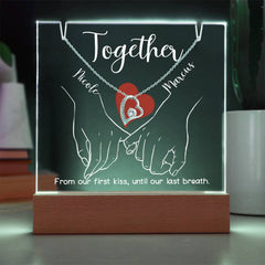 Together Pinky Hold (White Font) Custom Keepsake Plaque & Necklace Gift Bundle