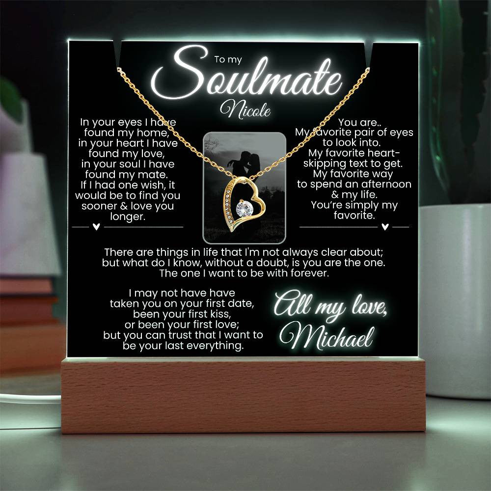 To my Soulmate PERSONALIZED Elegantly Noir LED Lit Stand w Names & Photo Option: Forever Love Necklace (White or Yellow Gold)
