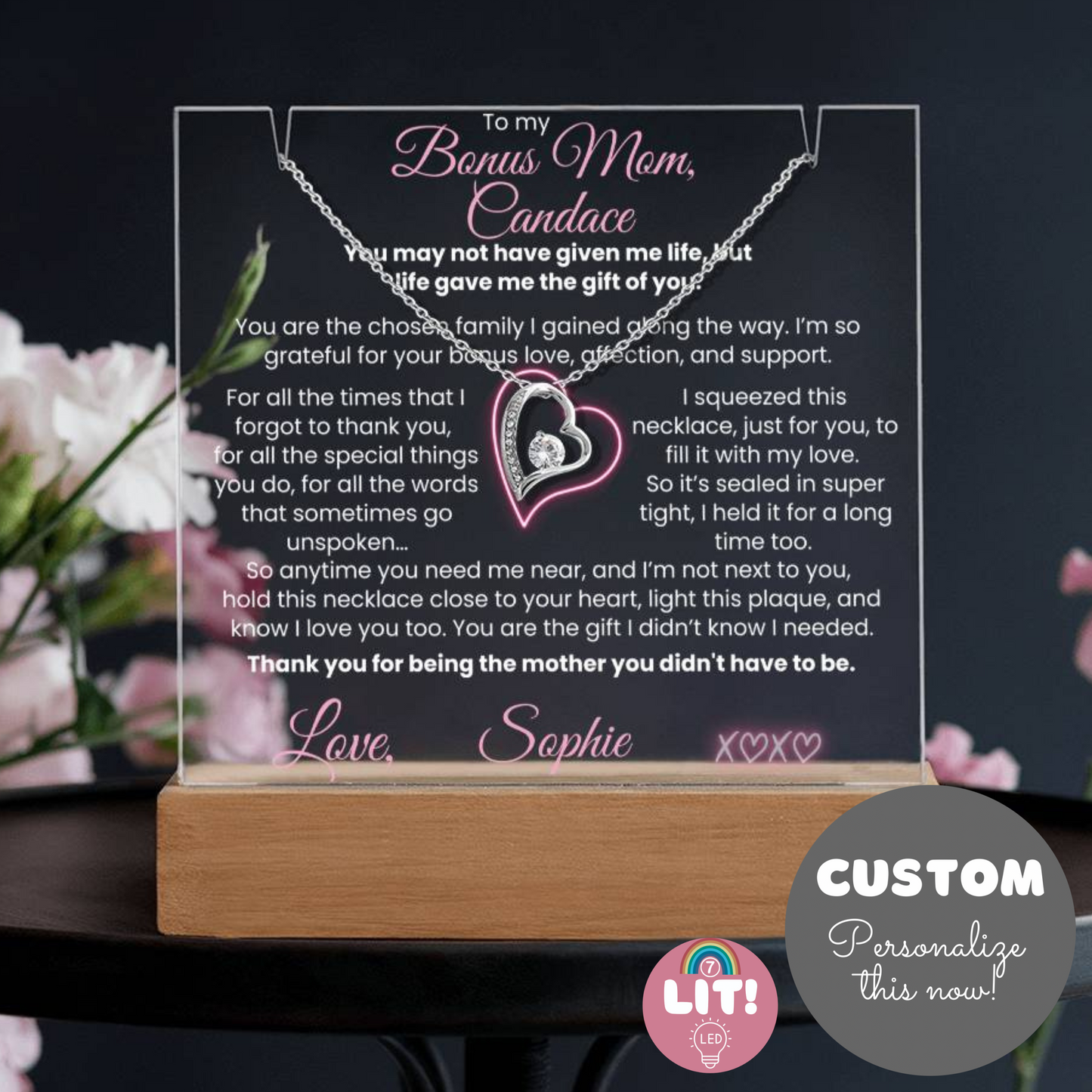 To our Bonus Mom (or my bonus Mom) Personalized Keepsake Thank you Letter from Bonus Child| Mother's Day Jewelry | Heart Necklace & Plaque Bundle | Birthday, Christmas