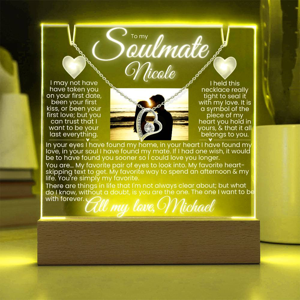 To my Soulmate PERSONALIZED Photo & Names LED Lit Stand and Forever Love Gold Necklace Bundle Gift (acrylic plaque)