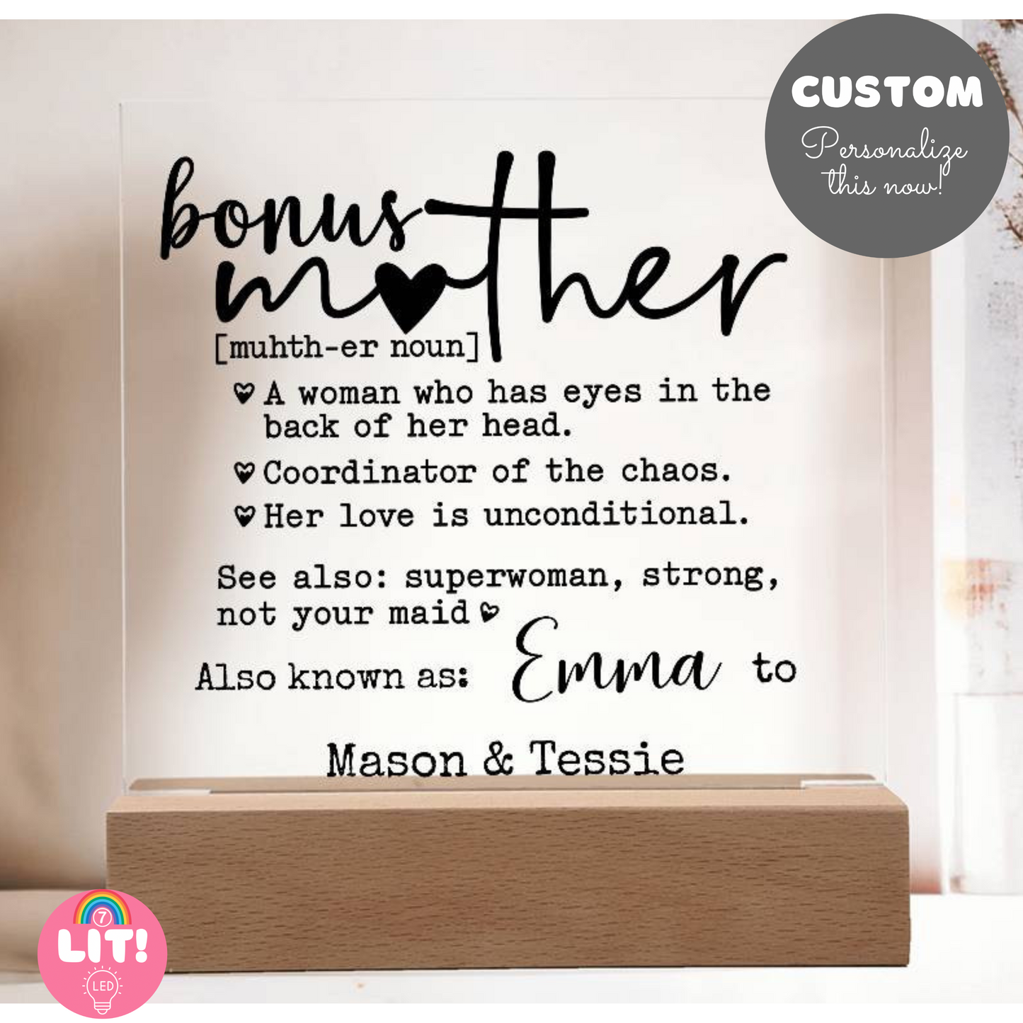 Bonus Mother Personalized Definition Keepsake Plaque | Custom bonus mom & kids names | Mother’s Day, Birthday,Christmas