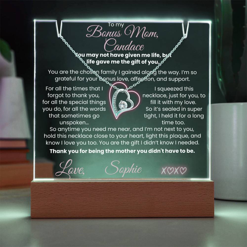 To our Bonus Mom (or my bonus Mom) Personalized Keepsake Thank you Letter from Bonus Child| Mother's Day Jewelry | Heart Necklace & Plaque Bundle | Birthday, Christmas