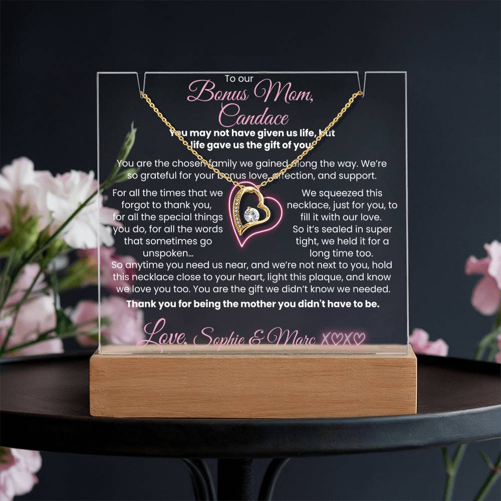 To our Bonus Mom (or my bonus Mom) Personalized Keepsake Thank you Letter from Bonus Child| Mother's Day Jewelry | Heart Necklace & Plaque Bundle | Birthday, Christmas