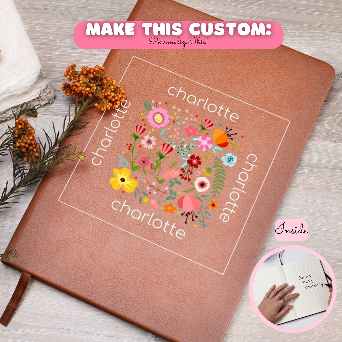 Personalized Name  Journal Flowers Square | Gift for Her, Girlfriend, Daughter, BFF, Wife