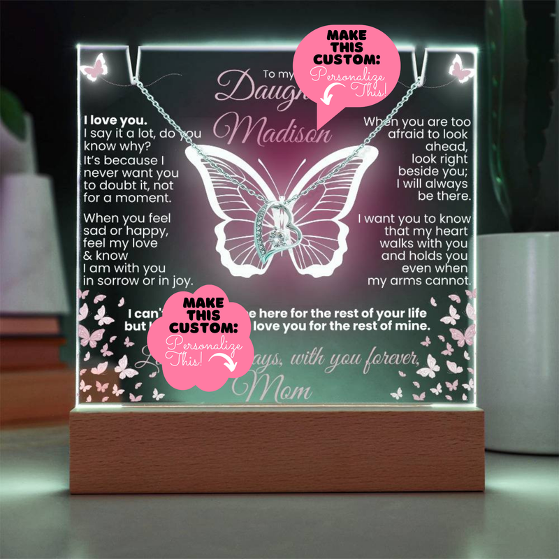 Personalized to My Daughter Butterflies Keepsake Light & Necklace Gift Bundle|Forever Love Heart Necklace-White Gold or Yellow Gold option | Love you forever