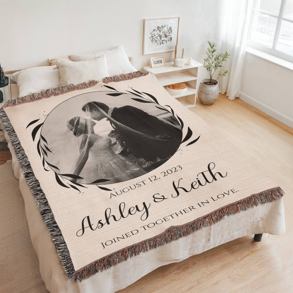 Custom COUPLE Cotton Blanket Second ANNIVERSARY Gift Personalized Photo Names Wife Husband Bride Groom Heirloom Woven Blanket Throw