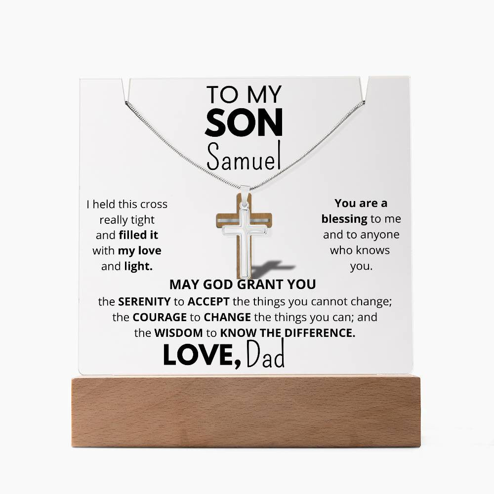 To MY or OUR Son - Personalized & Lit Keepsake bundled with Cross Necklace