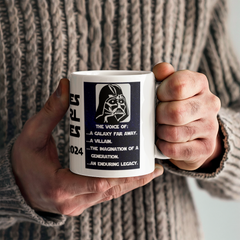 Mug (11oz)- James Earl Jones Commemoration The voice of: ...a galaxy far away. ...a villain. ...the imagination of a . generation. ...an enduring legacy. White Ceramic.