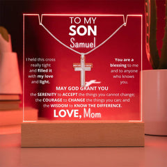 To MY or OUR Son - Personalized & Lit Keepsake bundled with Cross Necklace