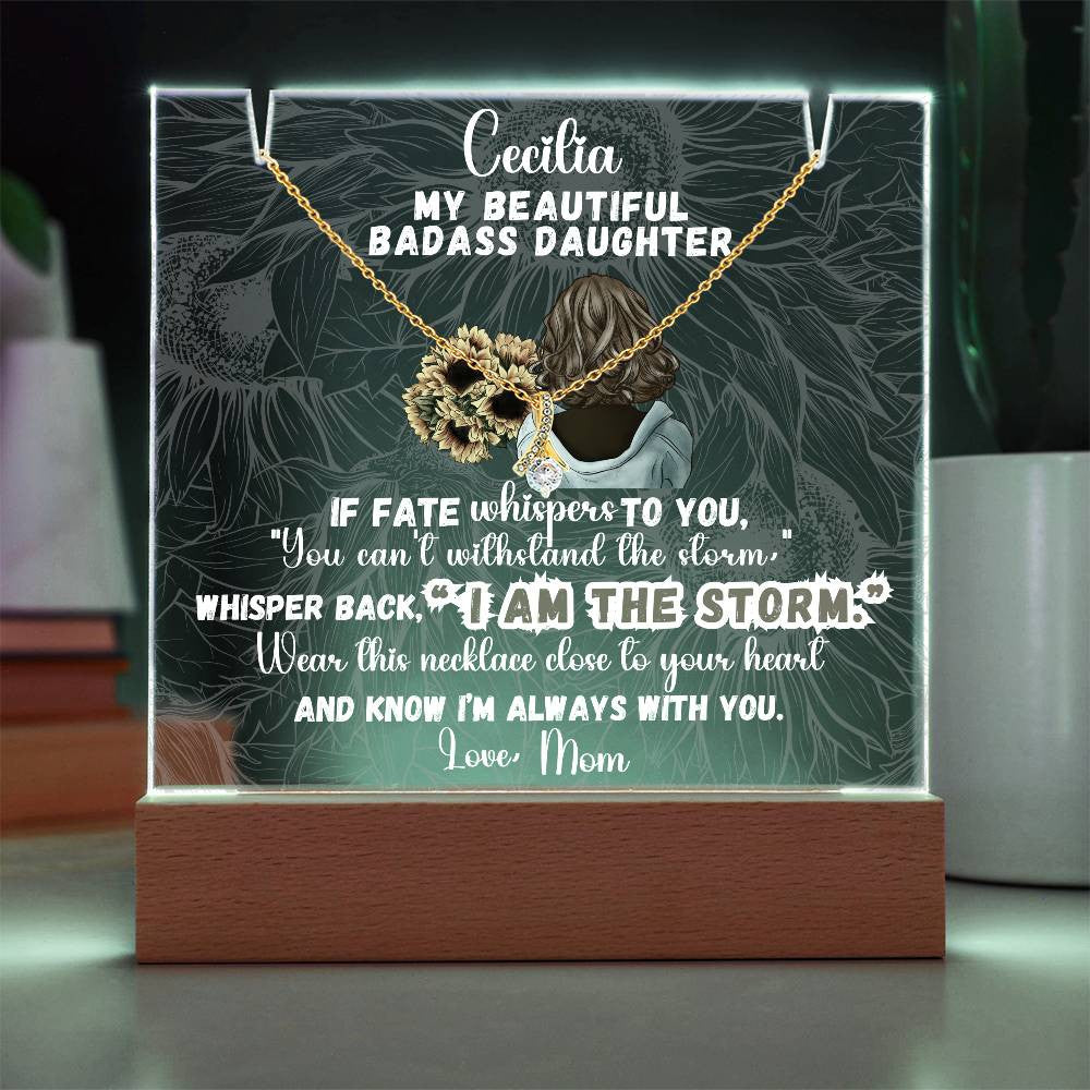 Badass Daughter Gift Bundle: Lit Personalized Keepsake Message & Image AND Alluring Beauty Necklace