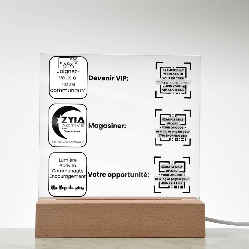 Personalized (English or Français) QR Code Links Sign for Zyia Active Independent Representative Acrylic Square Plaque LED Base, Gift for Her, Gift for small business owner, gift for team member