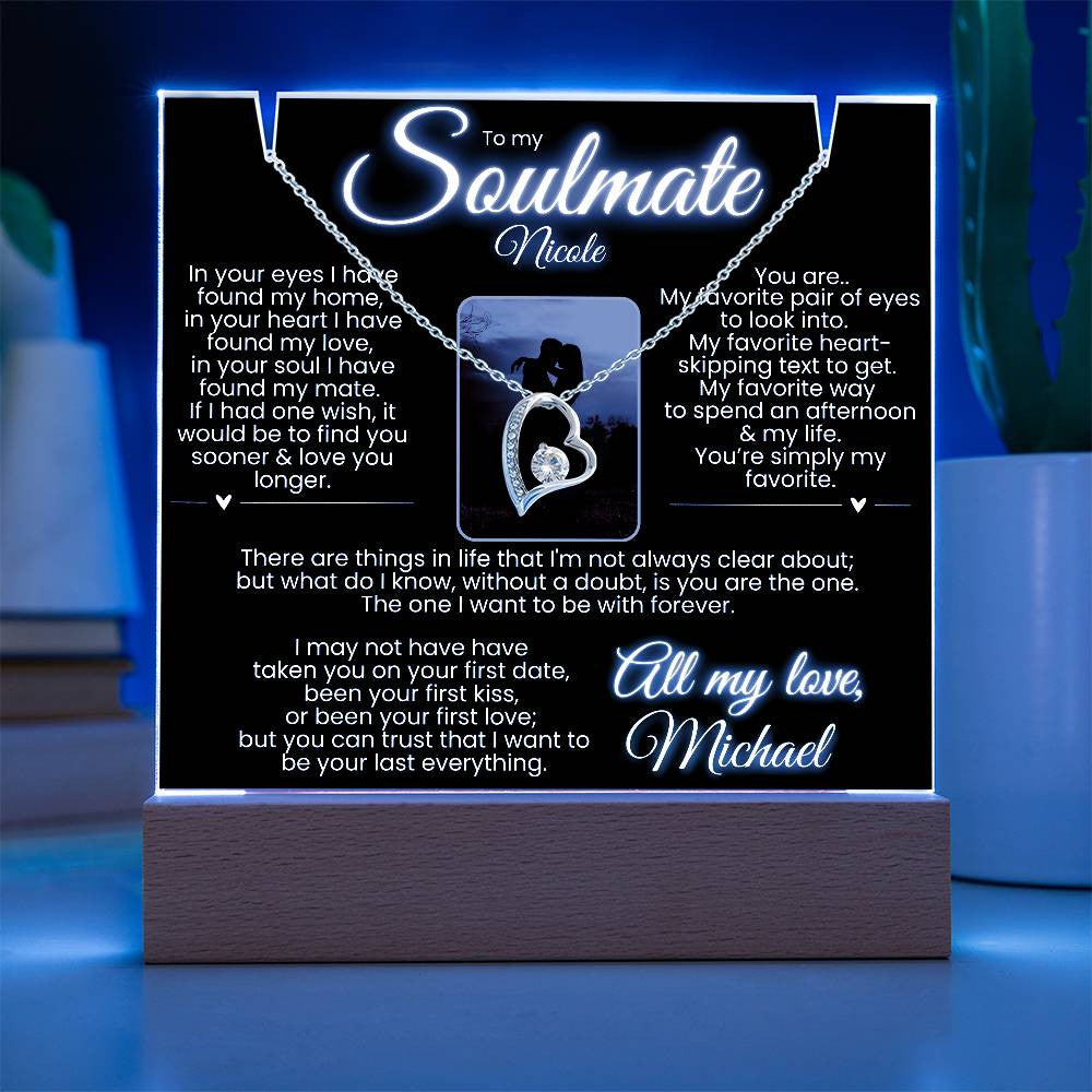 To my Soulmate PERSONALIZED Elegantly Noir LED Lit Stand w Names & Photo Option: Forever Love Necklace (White or Yellow Gold)