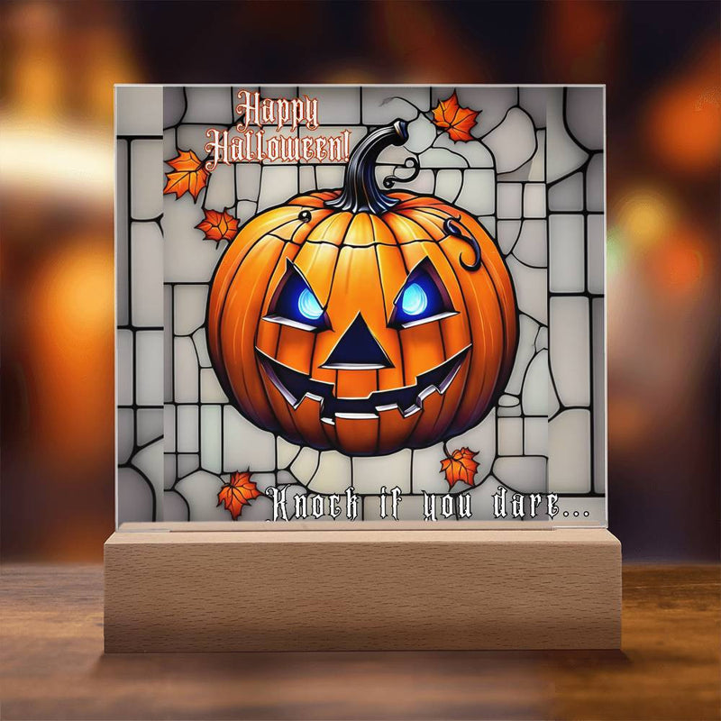 Lit Happy Halloween Sign Gothic Stain Glass Motif