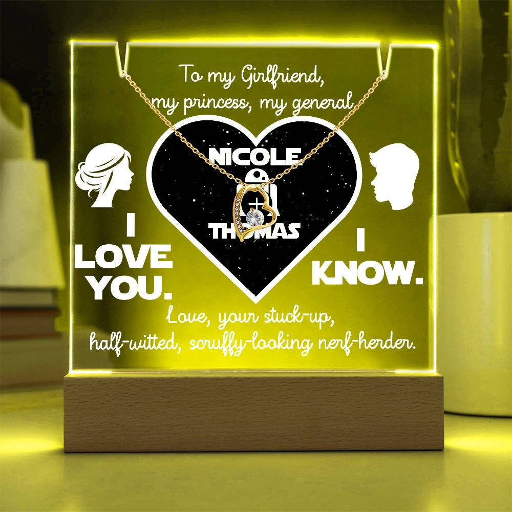 Personalized to my Soulmate, Wife, Girlfriend.I love you.I know. Lit Message Plaque & Forever Love Gold Necklace in White or Yellow Gold