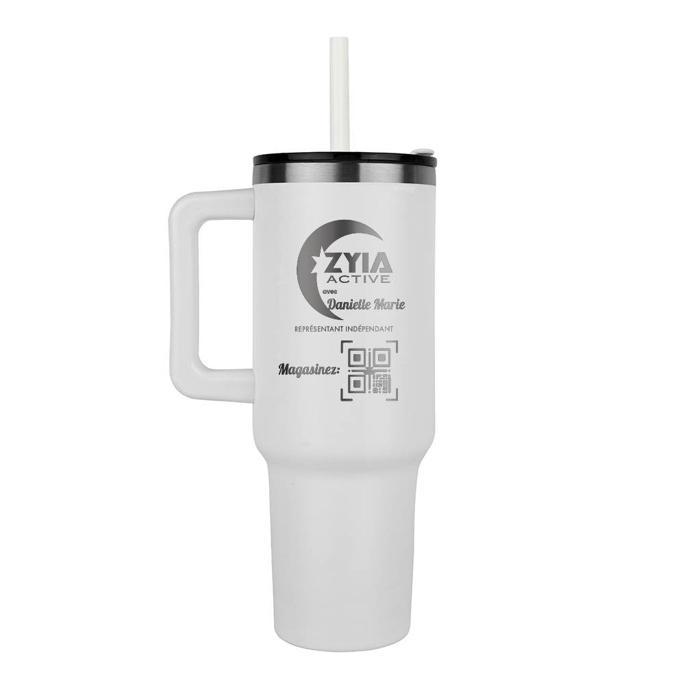 Personalized Name & QR Code Link 40oz Tumbler with Straw (en Français / in FRENCH) Zyia Independent Representative Cold Hot Drinks Water Bottle Travel Mug Spill Proof Gifts for Her