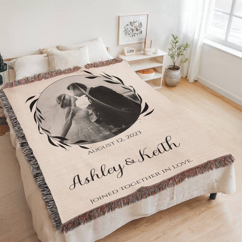 Custom COUPLE Cotton Blanket Second ANNIVERSARY Gift Personalized Photo Names Wife Husband Bride Groom Heirloom Woven Blanket Throw