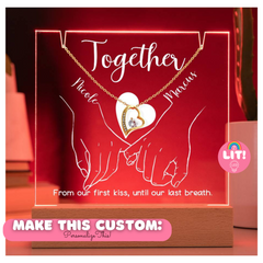 Together Pinky Hold (White Font) Custom Keepsake Plaque & Necklace Gift Bundle