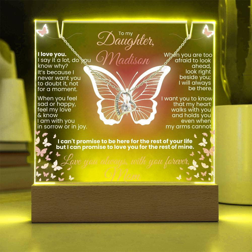 Personalized to My Daughter Butterflies Keepsake Light & Necklace Gift Bundle|Forever Love Heart Necklace-White Gold or Yellow Gold option | Love you forever