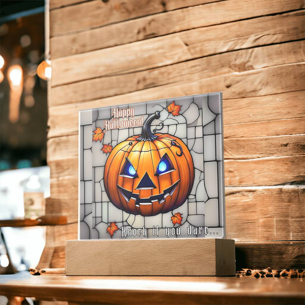 Lit Happy Halloween Sign Gothic Stain Glass Motif