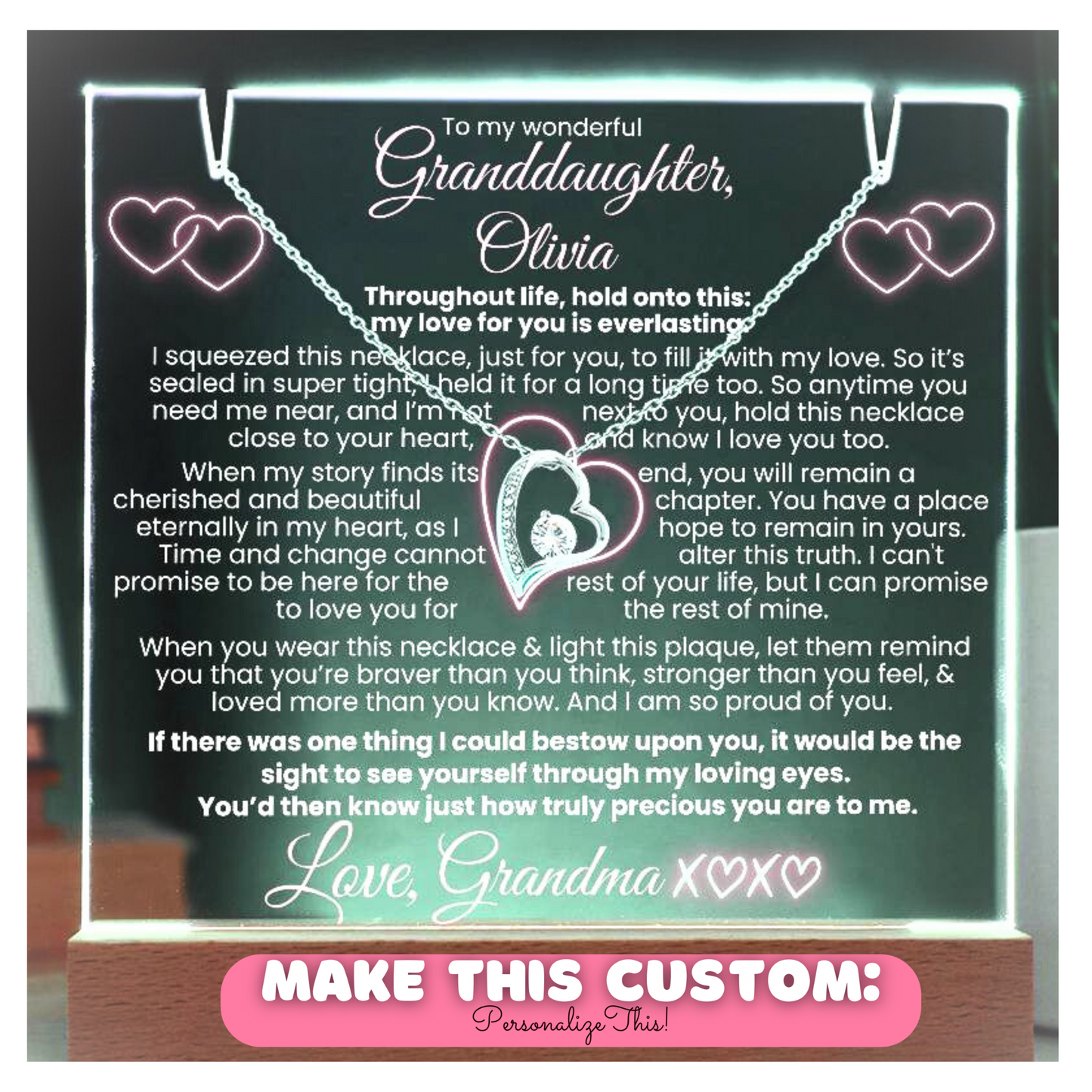 Granddaughter Custom Lit Keepsake Message Plaque & Necklace Gift Bundle