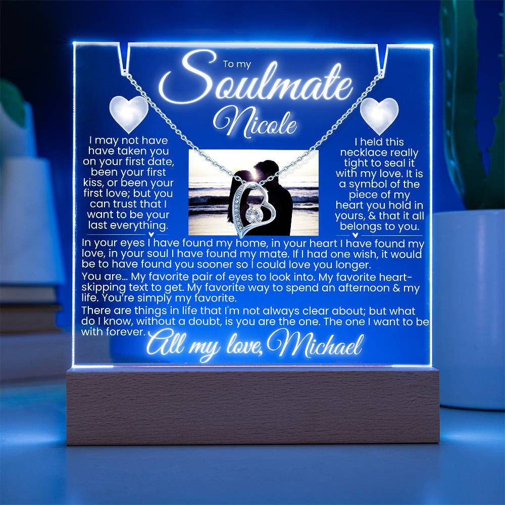 To my Soulmate PERSONALIZED Photo & Names LED Lit Stand and Forever Love Gold Necklace Bundle Gift (acrylic plaque)