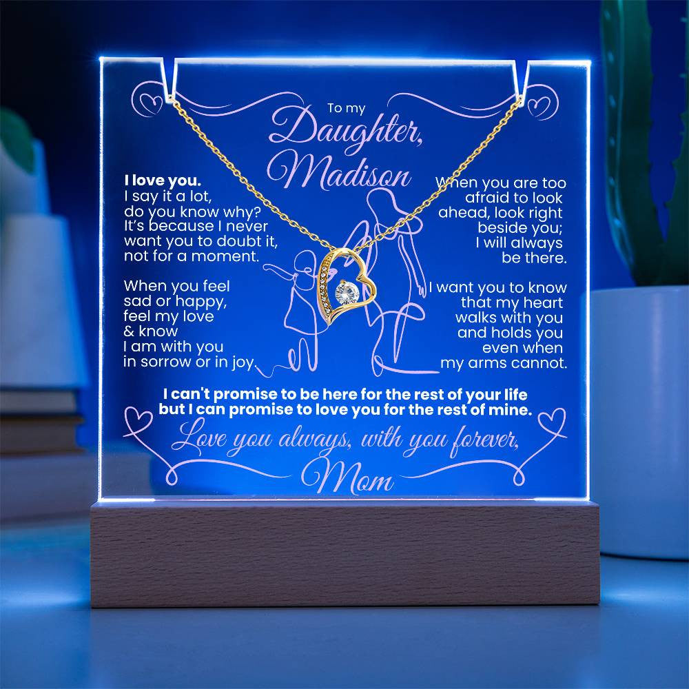 Personalized to My Daughter Silhouettes Keepsake Light & Necklace Gift Bundle|Forever Love Heart Necklace-White Gold or Yellow Gold option | Love you forever