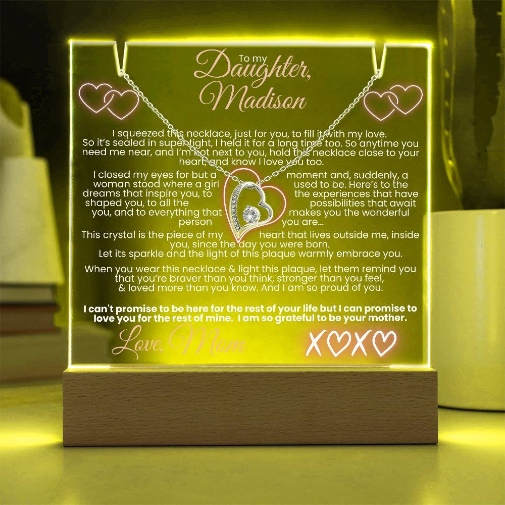 Daughter Glowing Hearts Lit Keepsake Message Plaque & Necklace Gift Bundle