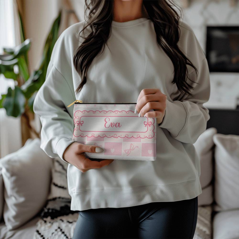 Girl Preppy Aesthetic Makeup Bag Pencil Case Personalized Pink Bow Coquette Fabric Zippered Pouch with Liner Back to School Birthday Gift