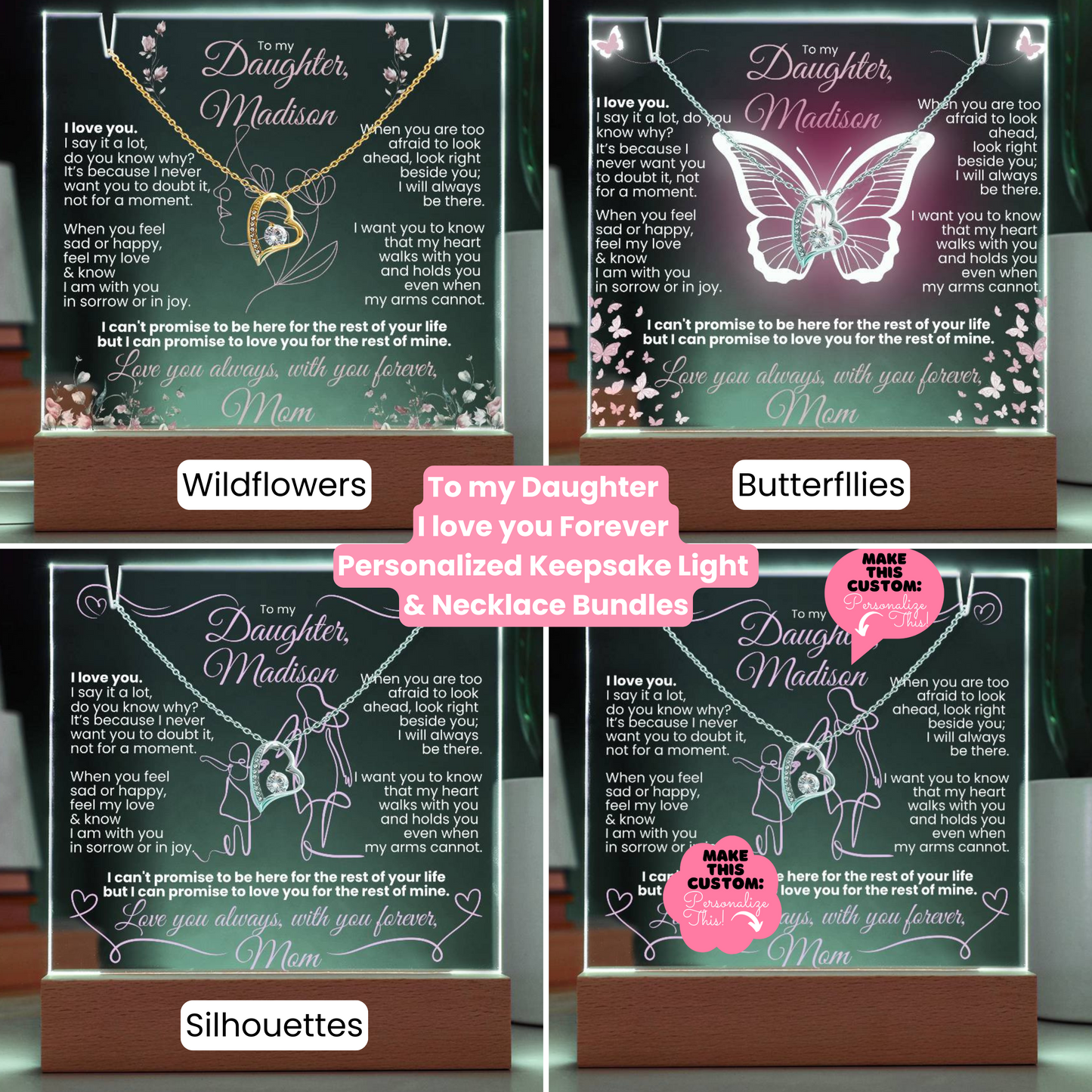 Personalized to My Daughter Wildflowers Keepsake Light & Necklace Gift Bundle|Forever Love Heart Necklace-White Gold or Yellow Gold option | Love you forever