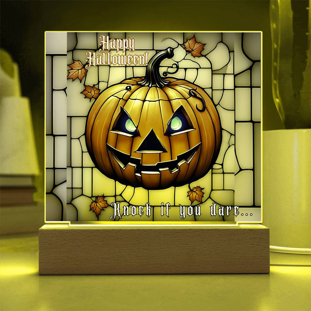 Lit Happy Halloween Sign Gothic Stain Glass Motif