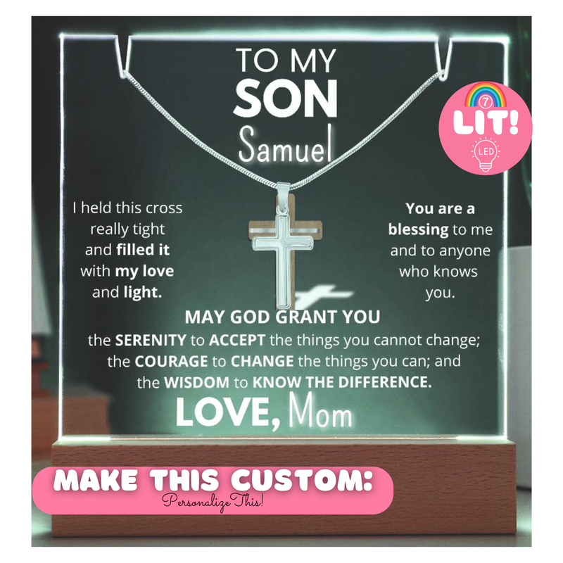 To MY or OUR Son - Personalized & Lit Keepsake bundled with Cross Necklace