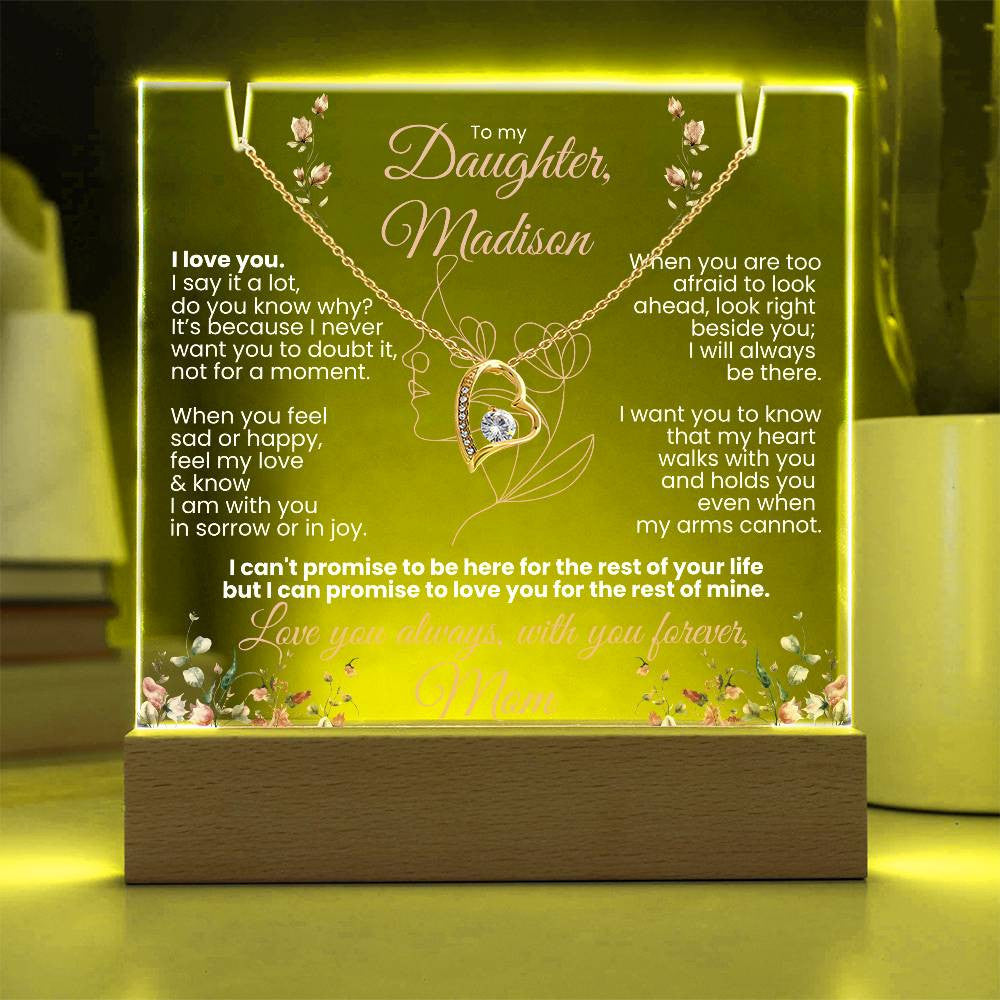 Personalized to My Daughter Wildflowers Keepsake Light & Necklace Gift Bundle|Forever Love Heart Necklace-White Gold or Yellow Gold option | Love you forever