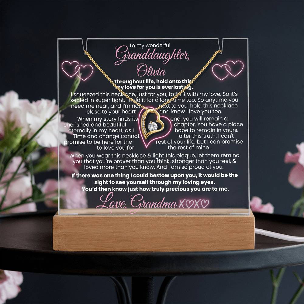 Granddaughter Custom Lit Keepsake Message Plaque & Necklace Gift Bundle