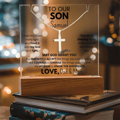 To MY or OUR Son - Personalized & Lit Keepsake bundled with Cross Necklace