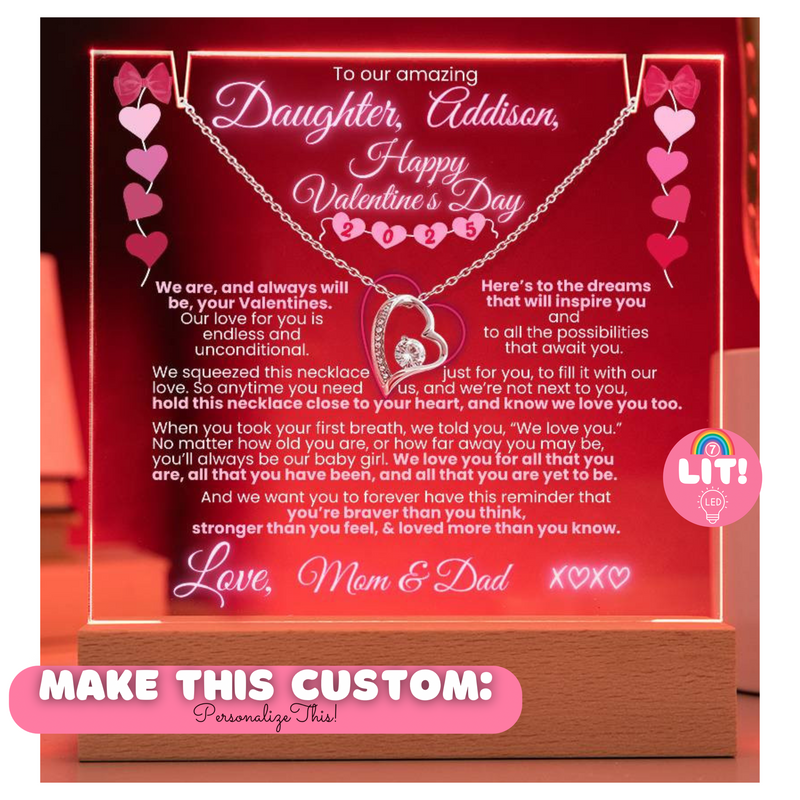 Valentine's Daughter Gift Bundle: Lit Personalized Keepsake & Gold Necklace