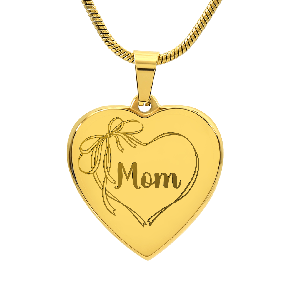 Mom Necklace Engraved, Coquette Bow Heart Design, Personal Message Engraved on Back