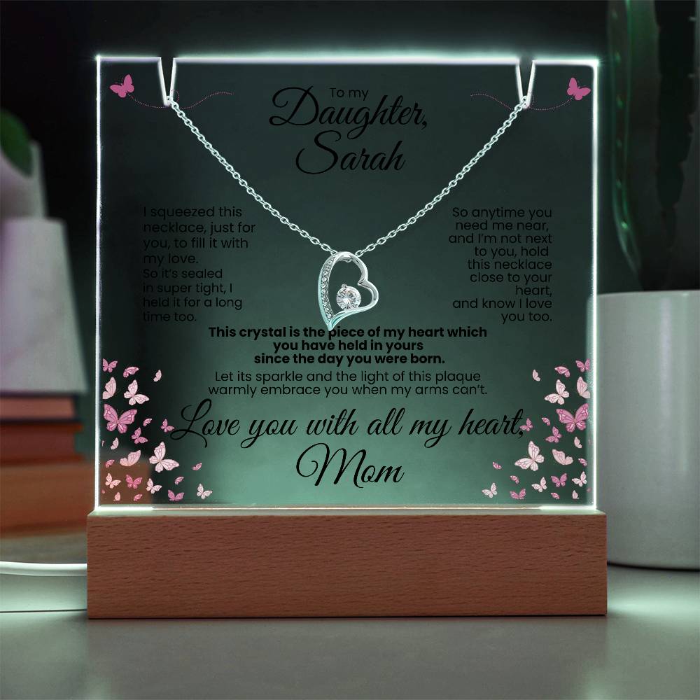 Personalized To My Daughter, Love Mom - Forever Love White Gold or Yellow Gold Necklace Personalized Keepsake Lit Plaque Black Font. White or Yellow Gold. **EXCLUSIVE NEW PRODUCT** Gifts for Daughter