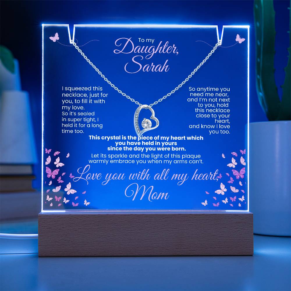 Personalized To My Daughter, Love Mom - Forever Love White Gold or Yellow Gold Necklace Personalized Keepsake Lit Plaque - White Font. White or Yellow Gold. **EXCLUSIVE NEW PRODUCT** Gifts for Daughter