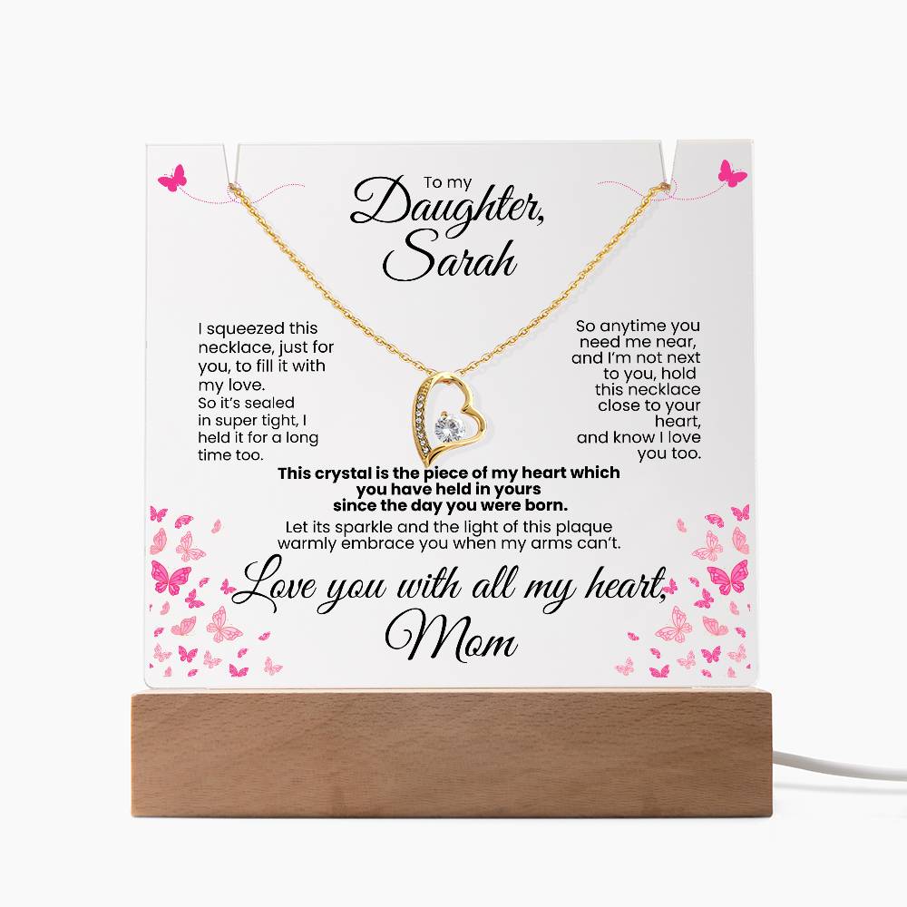 Personalized To My Daughter, Love Mom - Forever Love White Gold or Yellow Gold Necklace Personalized Keepsake Lit Plaque Black Font. White or Yellow Gold. **EXCLUSIVE NEW PRODUCT** Gifts for Daughter