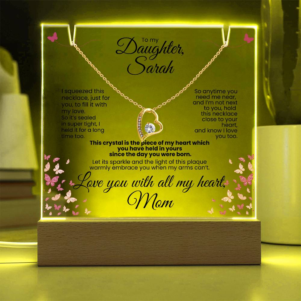 Personalized To My Daughter, Love Mom - Forever Love White Gold or Yellow Gold Necklace Personalized Keepsake Lit Plaque Black Font. White or Yellow Gold. **EXCLUSIVE NEW PRODUCT** Gifts for Daughter