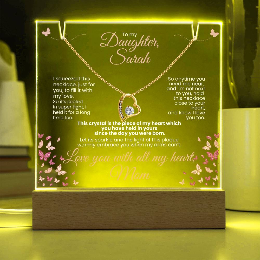 Personalized To My Daughter, Love Mom - Forever Love White Gold or Yellow Gold Necklace Personalized Keepsake Lit Plaque - White Font. White or Yellow Gold. **EXCLUSIVE NEW PRODUCT** Gifts for Daughter